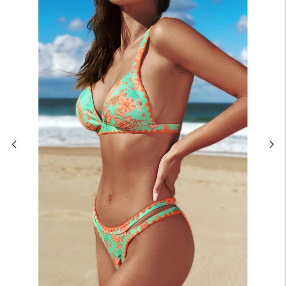 NWT Cupshe Retro Plunging Green & Orange Floral‎ Bikini Set Small - Picture 2 of 6